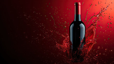 Captivating red wine bottle emerges from dynamic red splash, symbolizing celebration and elegance. Perfect image for beverage promotion and events.の素材