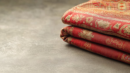 A beautifully folded red textile featuring intricate patterns rests on a textured surface, exuding warmth and elegance. Ideal for showcasing textile art.の素材