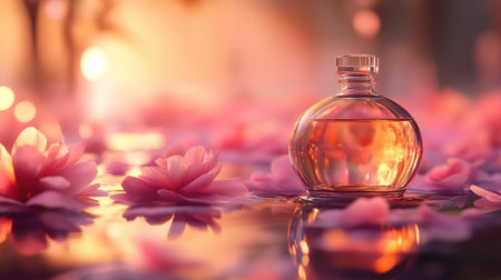 A stunning glass perfume bottle sits gracefully among delicate pink petals, creating a luxurious and tranquil scene, perfect for beauty and nature themes.の素材