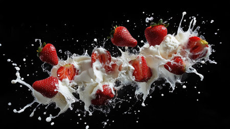 A stunning visual of fresh strawberries splashing in cream against a deep black background. This image captures the dynamic motion and vibrant colors, showcasing a joyful and refreshing food experience.の素材
