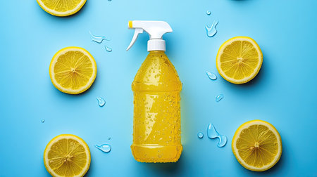 A vibrant yellow cleaning spray bottle is centrally placed on a blue surface, surrounded by fresh lemon slices. The scene conveys cleanliness and freshness.の素材