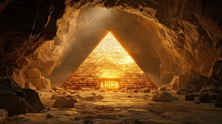 An enchanting scene of a glowing pyramid within a dark cave, illuminated by soft light. This striking backdrop evokes mystery and ancient wonders waiting to be explored.の素材
