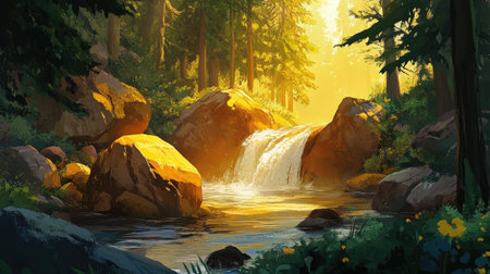 A peaceful waterfall cascades over rocks in a vibrant forest, illuminated by the warm golden light of the sun. The tranquil scene evokes serenity and natural beauty.の素材