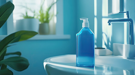 A vibrant blue liquid soap dispenser stands elegantly on a bathroom sink, surrounded by natural light and fresh greenery, creating a serene and hygienic atmosphere.の素材