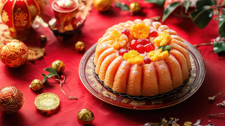 A beautiful fruit cake displayed on an ornate plate, perfect for festive gatherings. Surrounding decorations add warmth and joy to the holiday setting.の素材