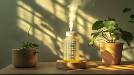 A serene setting featuring an aromatherapy diffuser beside plants. Soft light creates calming shadows, enhancing the peaceful atmosphere of the space.の素材