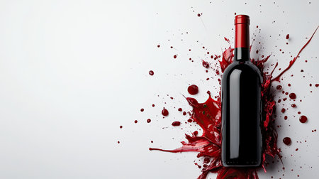 An artistic portrayal of a red wine bottle surrounded by a vivid splash of wine, set against a clean white background, perfect for elegance and celebration.の素材