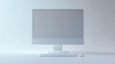 This image showcases a minimalist computer setup with a blank screen, creating an elegant workspace atmosphere ideal for remote work or creative projects.の素材