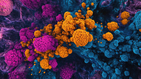 Stunning abstract visualization showcasing vibrant cellular structures. This colorful artwork highlights intricate patterns and textures seen in microscopic biology.の素材