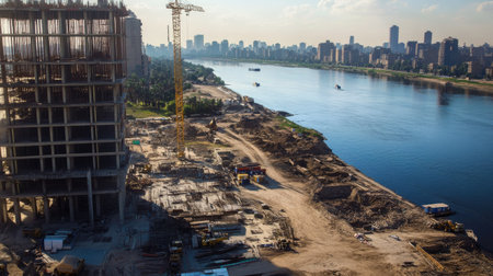 Aerial view of an urban construction site near a river, featuring cranes, machinery, and city skyline. This image captures urban development and progress.の素材