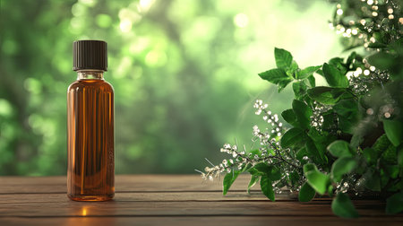 A glass bottle of essential oil sits on a wooden table, surrounded by vibrant greenery. The serene backdrop highlights the natural essence, promoting wellness and relaxation.の素材