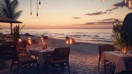 Experience a romantic beach dinner setting at sunset. Tables are adorned with soft lighting and surrounded by gentle ocean waves, creating a serene atmosphere perfect for special occasions.の素材