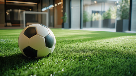 A detailed view of a soccer ball resting on vibrant artificial grass in a modern indoor space, showcasing a perfect blend of sport and contemporary design elements.の素材