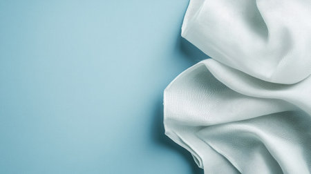 This image features a soft white fabric elegantly draped on a light blue background, highlighting its smooth texture and minimalist design for creative projects.の素材
