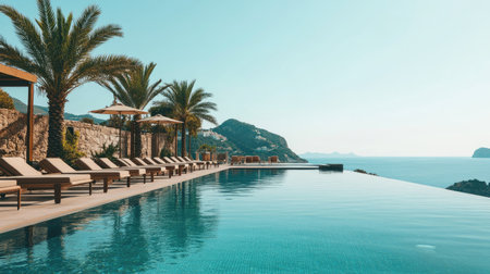 Stunning infinity pool provides a breathtaking view of the ocean, framed by palm trees and luxurious seating, perfect for relaxation and leisure in a tropical paradise.の素材