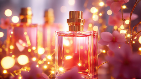 A stunning glass fragrance bottle surrounded by soft lights and delicate flowers, creating a luxurious and romantic atmosphere ideal for beauty marketing.の素材