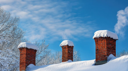 A picturesque view of three snow-covered chimneys atop a rustic roof. The bright blue sky and fluffy white clouds create a serene winter atmosphere.の素材