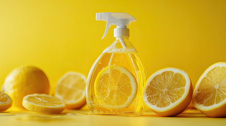 A vibrant image of a clear spray bottle filled with lemon essence, surrounded by fresh lemon slices against a bright yellow backdrop, symbolizing freshness and cleanliness.の素材