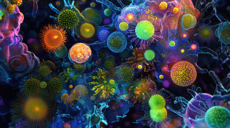 Explore a vibrant and detailed illustration of microorganisms showcasing their diverse shapes and colors in a microscopic world, highlighting the intricate beauty of life.の素材