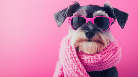 An adorable dog dressed in stylish sunglasses and a cozy pink scarf poses against a vibrant pink background, capturing a playful and fashionable vibe.の素材