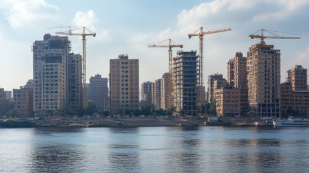 A vibrant city construction site along a calm river showcases cranes and developing buildings under a scenic sky, highlighting urban growth and modern architecture.の素材