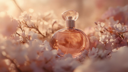 A stunning perfume bottle elegantly placed among soft cherry blossom flowers, capturing the essence of beauty and nature. Perfect for fragrance or beauty themes.の素材