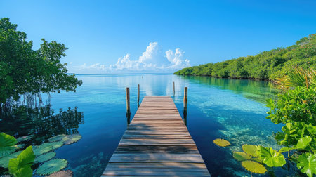 This stunning image captures a serene wooden dock that stretches into crystal clear tropical waters, bordered by lush greenery. Perfect for relaxation and nature exploration.の素材