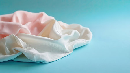 This image features soft fabric draped on a light blue background, emphasizing gentle textures and pastel colors. Ideal for creative and aesthetic projects.の素材