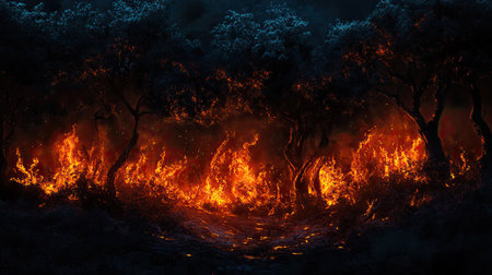 A vivid scene capturing a fierce wildfire engulfing a forest at night. Flames illuminate the dark surroundings, showcasing the raw power of nature's fury and its impact.の素材
