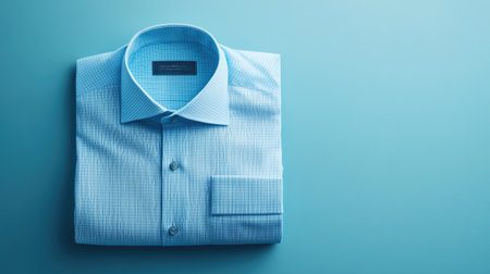 A neatly folded light blue checkered dress shirt displayed on a smooth turquoise background. Ideal for fashion and apparel promotions, showcasing style and quality.の素材