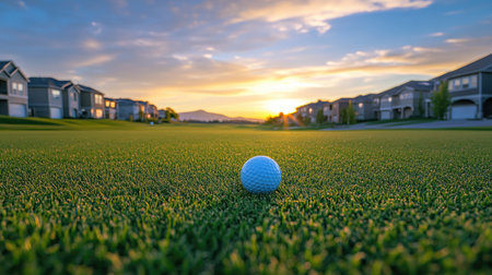 A serene golf course scene showcases a blue golf ball resting on lush green grass during sunrise, with a beautiful sky illuminating the landscape.の素材