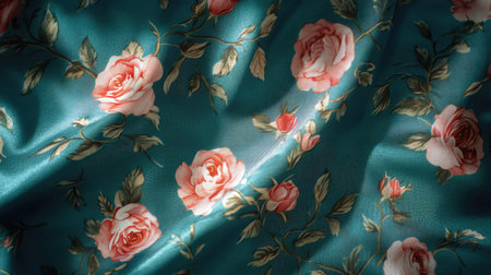 A stunning teal fabric featuring a detailed floral pattern with soft pink roses, perfect for fashion, decor, or crafting projects. The texture adds elegance.の素材
