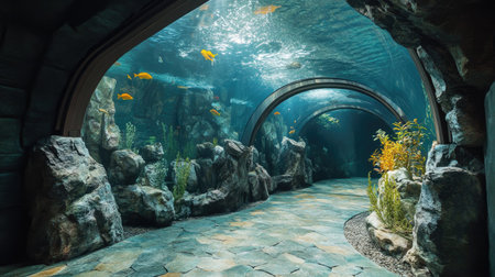 Experience a tranquil aquatic environment featuring vibrant fish swimming amidst lush plants in a beautifully designed underwater passage.の素材