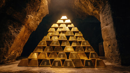 A stunning pyramid arrangement of shining gold bars sits within a dark cave, highlighting themes of treasure and underground wealth, perfect for finance concepts.の素材