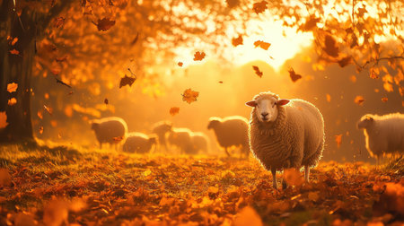A serene autumn scene featuring a sheep standing in a field filled with fallen leaves, illuminated by the warm glow of sunset, capturing the essence of tranquility in nature.の素材
