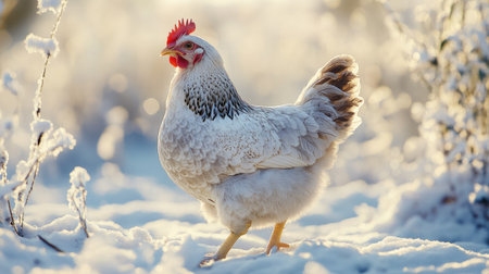 A beautiful chicken stands gracefully in a snowy landscape, illuminated by soft sunlight. This serene winter scene captures the tranquility of nature.の素材