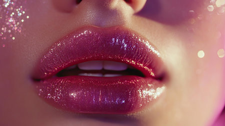 This close-up image captures glossy pink lips adorned with sparkling glitter. The vibrant colors and shimmering texture create a captivating beauty aesthetic.の素材