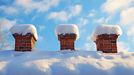Three chimney tops adorned with a thick layer of snow stand against a vibrant blue sky dotted with fluffy clouds, creating a picturesque winter scene.の素材