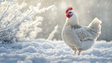 A white chicken stands proudly in a snowy landscape, surrounded by a serene winter scene. The fluffy feathers contrast beautifully with the soft snowflakes falling gently around.の素材