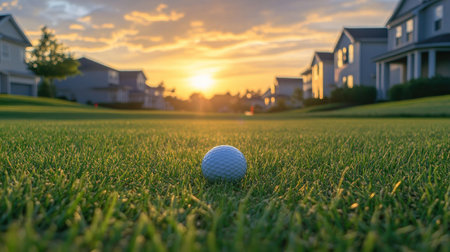 A close-up view of a golf ball resting on vibrant green grass, framed by charming houses under a stunning sunset sky. The scene captures the essence of leisure and tranquility in a beautiful outdoor setting.の素材
