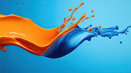 A vibrant splash of orange and blue paint creates a dynamic visual effect. The fluid movement showcases color contrast, emphasizing creativity and artistry.の素材