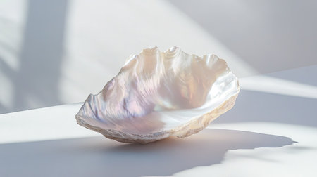 A beautiful seashell showcasing its natural iridescence rests elegantly on a soft surface, creating a serene and minimalist aesthetic suitable for design and decoration.の素材