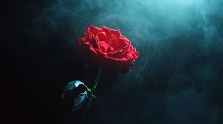 A stunning red rose is presented against a dark background with wisps of mist, creating a captivating atmosphere. This image evokes feelings of romance and beauty.の素材