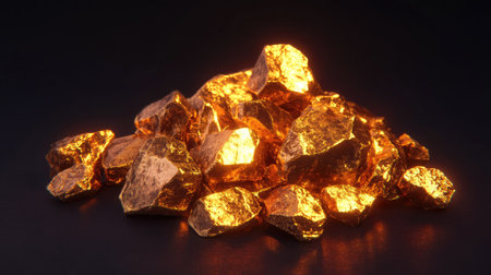 A captivating view of glimmering golden rocks piled on a dark surface, showcasing their shimmering texture and brilliant glow. Ideal for backgrounds and artistic projects.の素材