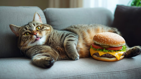 A charming cat lounges comfortably on a cozy couch beside a mouthwatering cheeseburger, capturing a whimsical moment of leisure and joy in a domestic setting.の素材