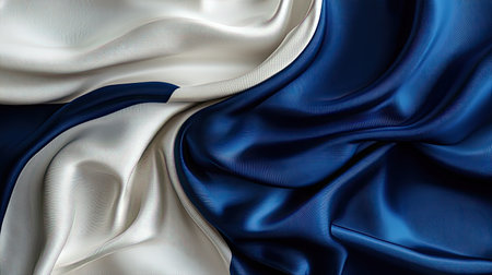 Discover an elegant satin fabric featuring smooth blue and white waves, perfect for backdrop designs and textile projects, embodying luxury and sophistication.の素材