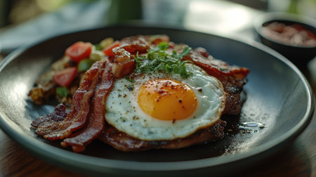 A visually appealing breakfast plate featuring a sunny side up egg, crispy bacon, and vibrant vegetables. Perfect for a gourmet brunch or comfort food.の素材