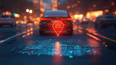 A sleek modern car parked on a wet city street at night features a glowing digital location marker, highlighting technology and urban design in a vibrant ambiance.の素材
