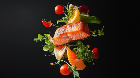 A stunning salmon fillet floats among vibrant vegetables and herbs, showcasing freshness and culinary artistry, perfect for food photography or healthy meal ideas.の素材