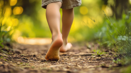 A young child walks barefoot along a serene forest path, embracing nature's beauty. Sunlight filters through trees, creating a magical atmosphere.の素材